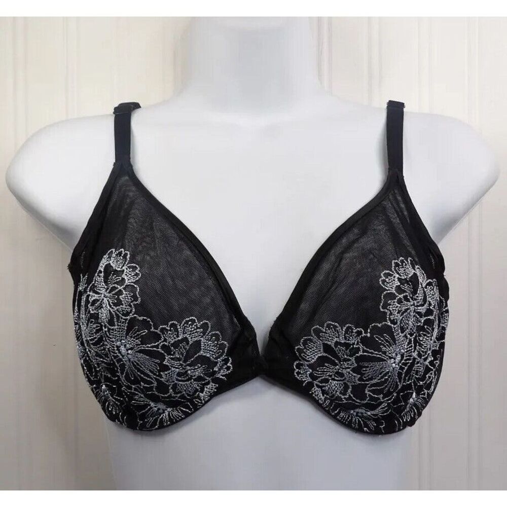 Wacoal #855250 Bra Black Sheer Unlined Mesh Floral‎ Embroidered Size 34D